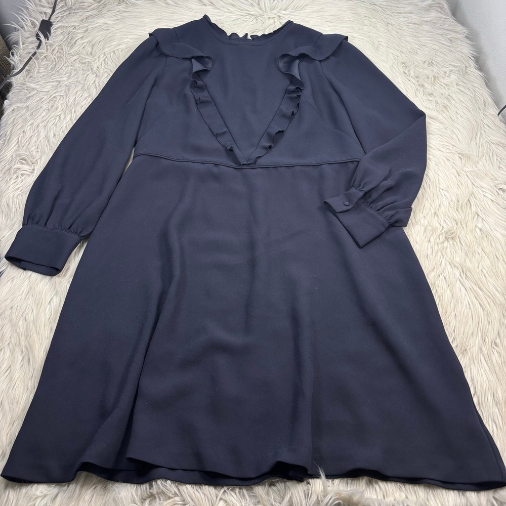 Ann Taylor Women's 14 Navy Ruffle Bib Mock Neck LS Dress Preppy Twee Retro Chic